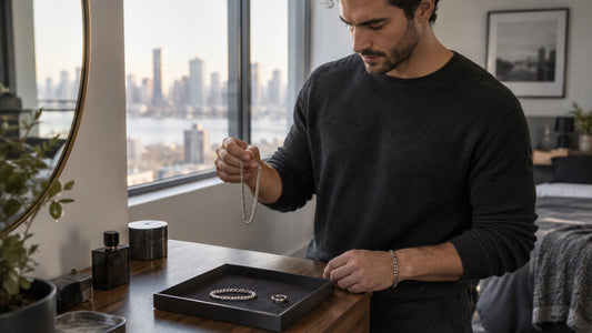 Man choosing a chain, bracelet and band ring for an everyday jewelry rotation