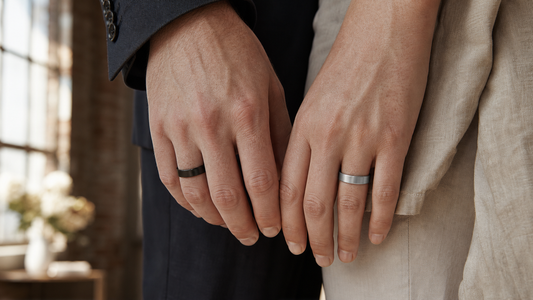 Black and silver men's titanium wedding bands in a modern wedding setting