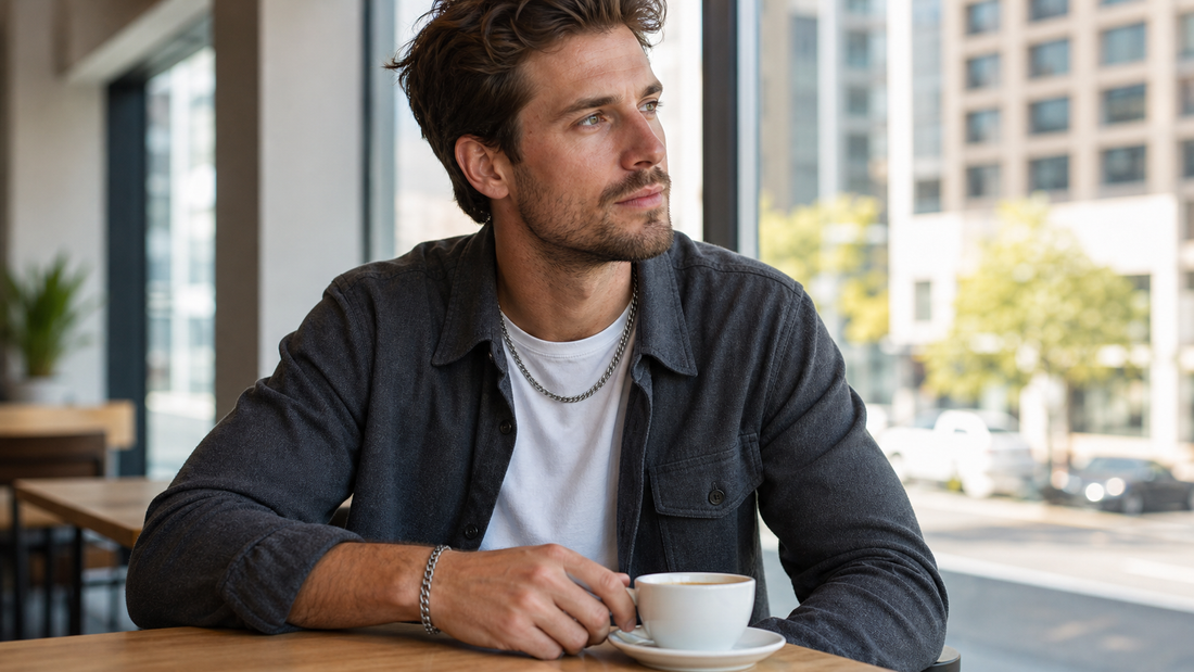 Man wearing a silver-tone chain and matching bracelet at a city café