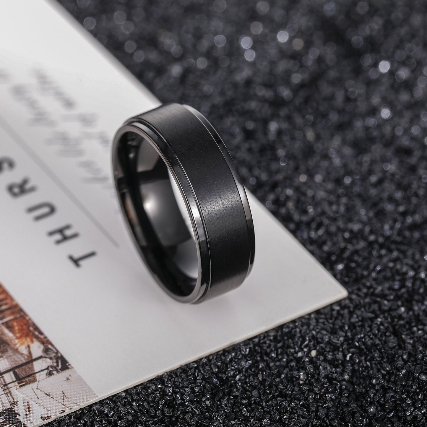 Titanium Stepped Black Band Ring