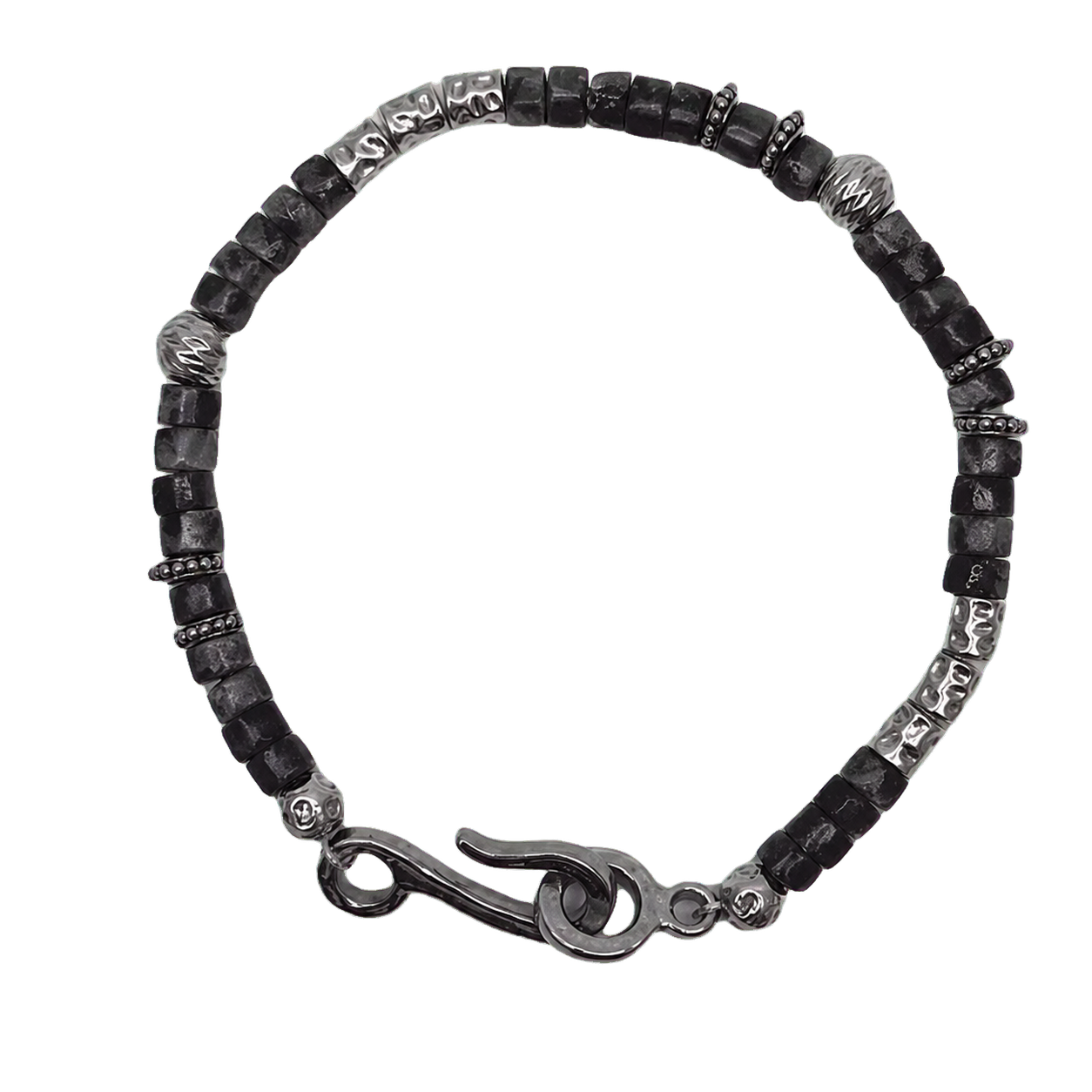 Black-gray beaded bracelet with silver-tone spacers and hook clasp on transparent background