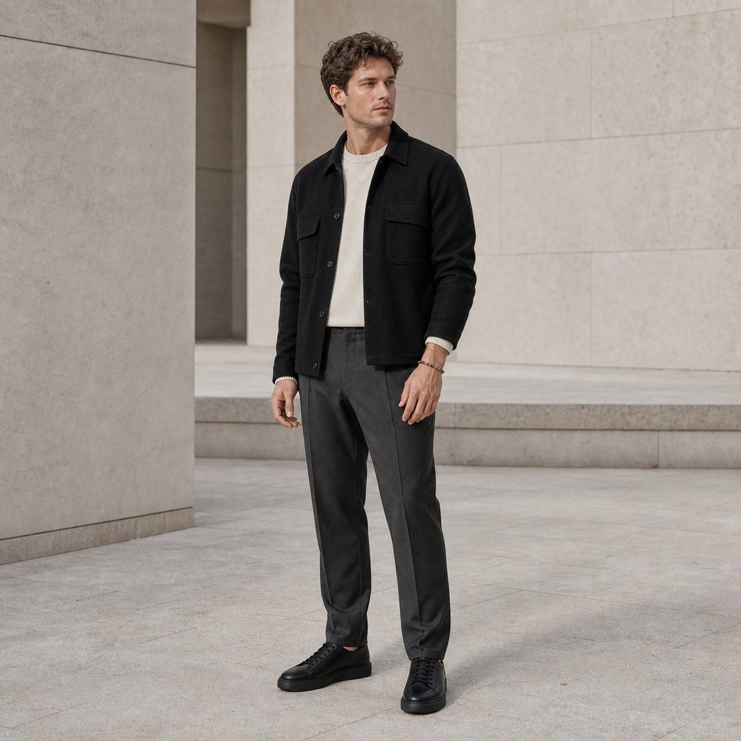 Full-body European minimalist menswear look styled with a tiger eye bracelet