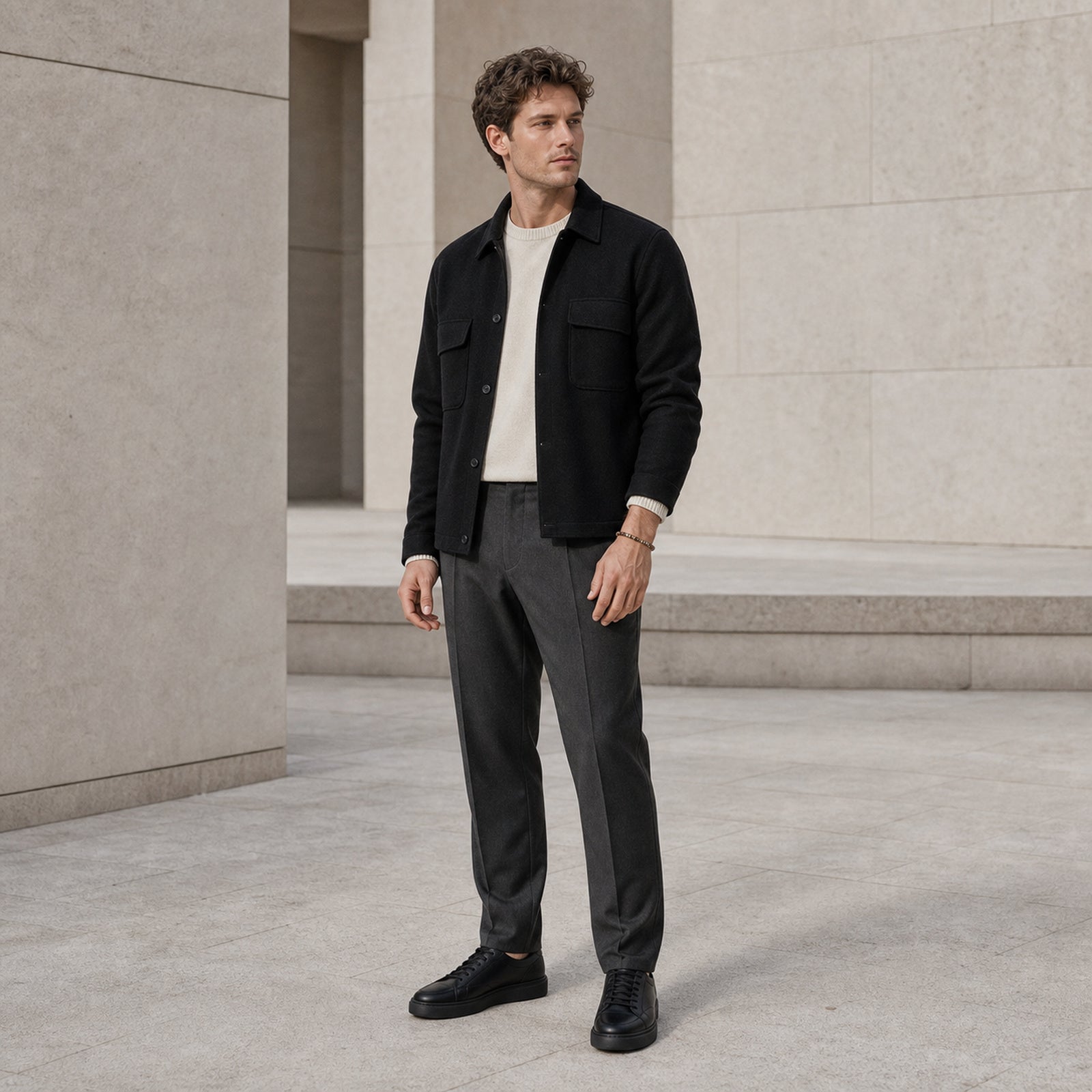 Full-body European minimalist menswear look styled with a tiger eye bracelet
