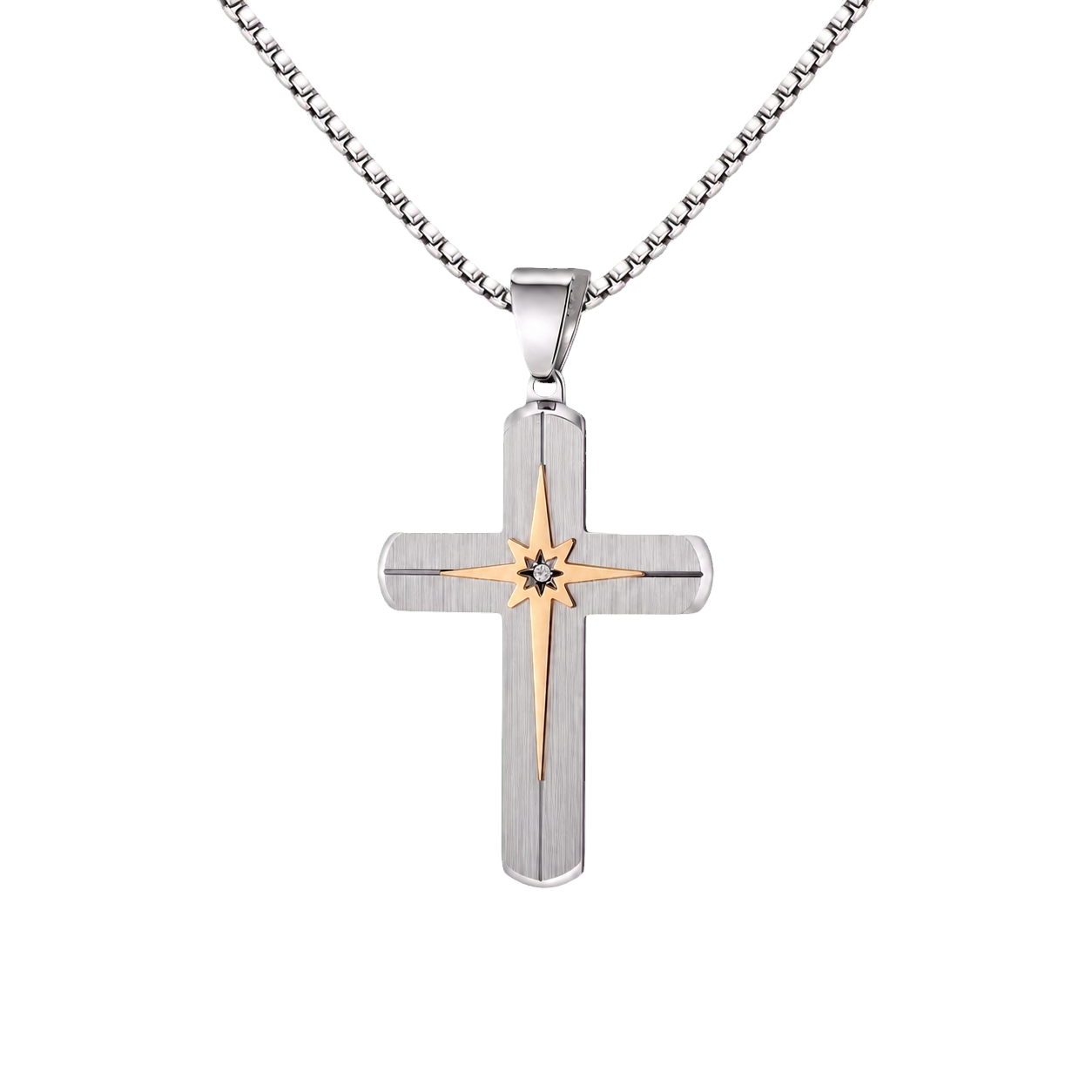 Titanium starburst cross necklace with round box chain transparent background