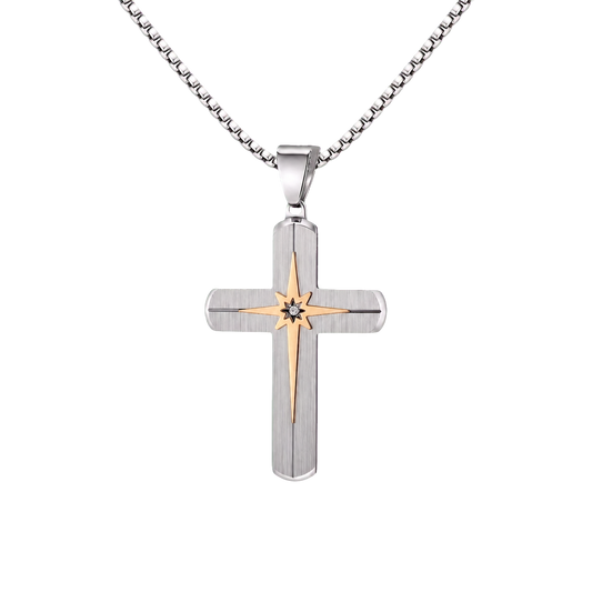 Titanium starburst cross necklace with round box chain transparent background