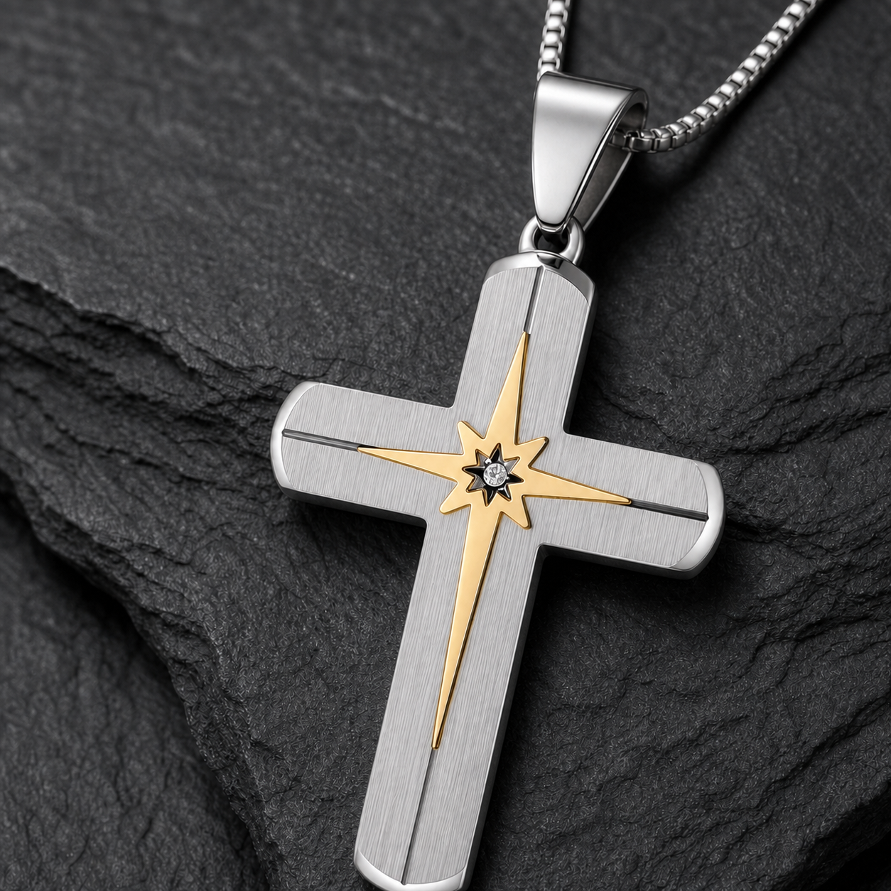 Starburst cross pendant macro with round box chain