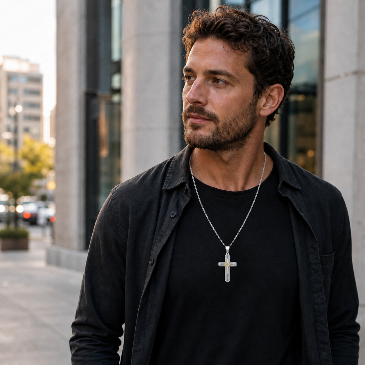 Man wearing 60cm starburst cross necklace with round box chain in the city