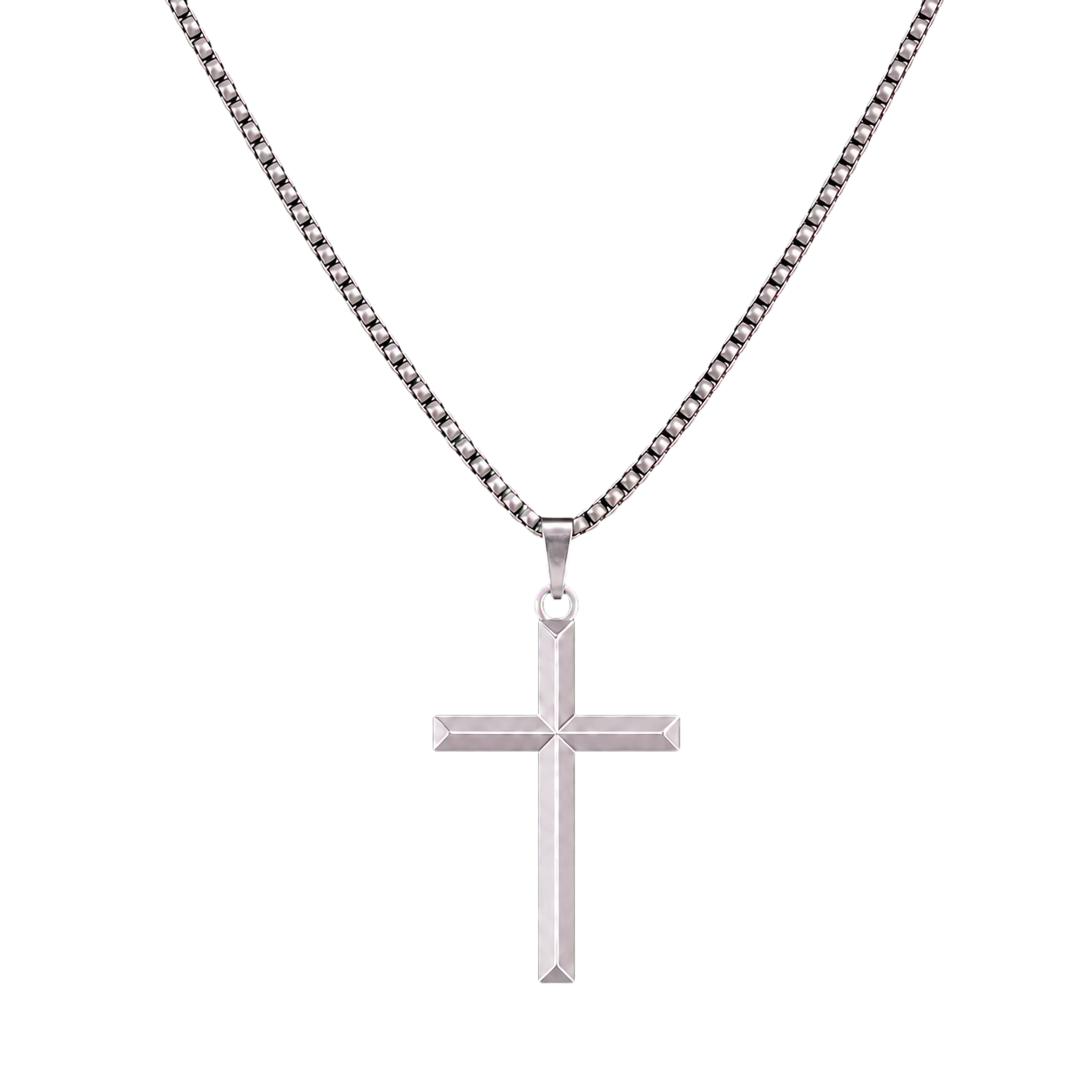 Titanium faceted cross pendant necklace on transparent background
