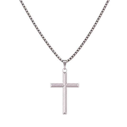 Titanium faceted cross pendant necklace on transparent background