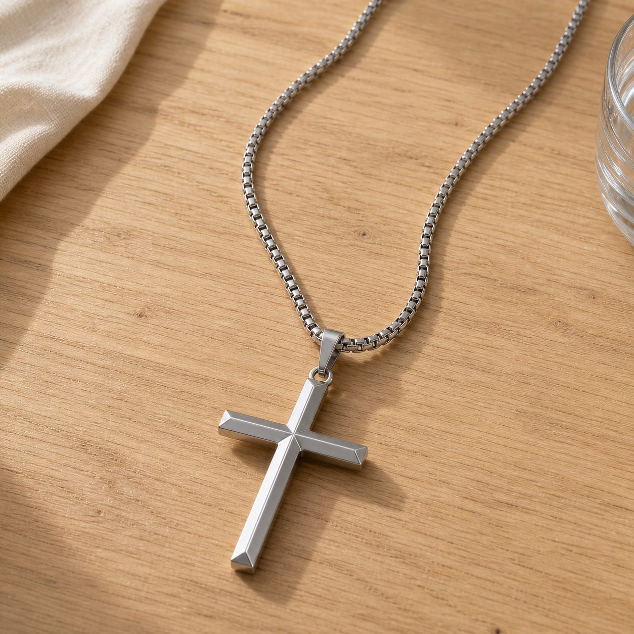 Titanium faceted cross pendant necklace on a warm oak tabletop