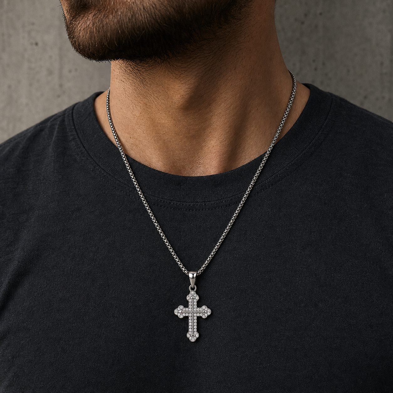 Close lifestyle view of titanium pavé cross pendant necklace with 3mm round box chain