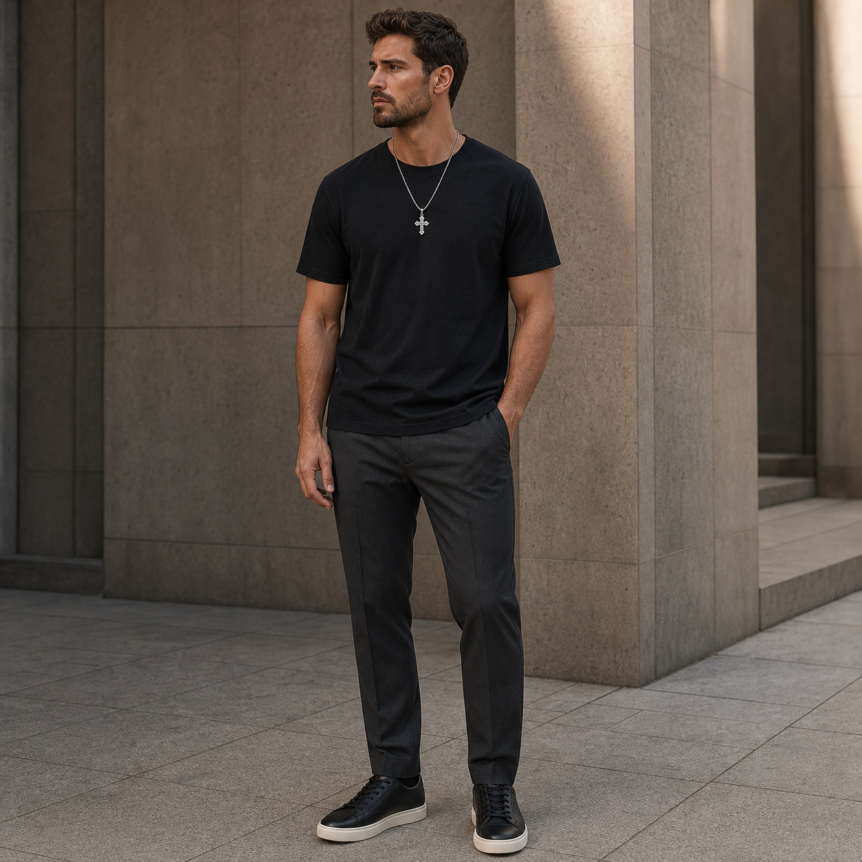 Full-body men's outfit with titanium pavé cross pendant and 3mm round box chain