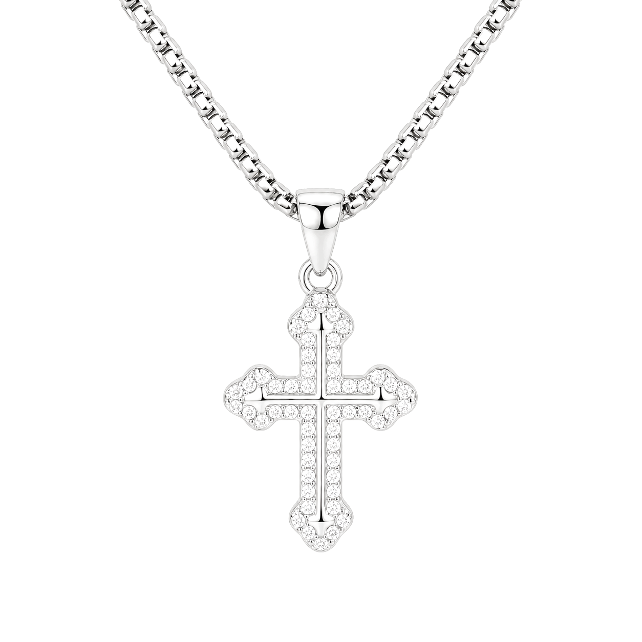 Titanium pavé cross pendant correctly centered in front of 3mm round box chain on transparent background