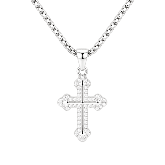 Titanium pavé cross pendant correctly centered in front of 3mm round box chain on transparent background